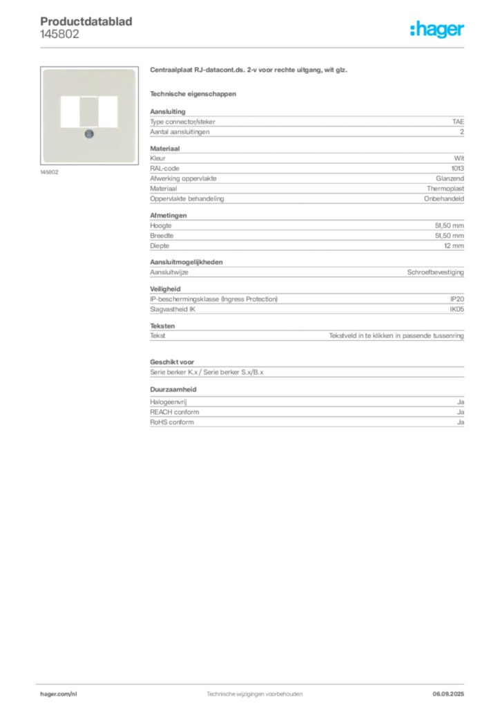 Afbeelding Hager Productdatablad 145802 | Hager Nederland