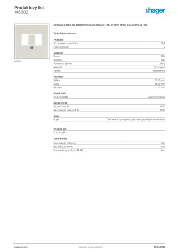 Obrázek Hager Product data sheet 145802 | Hager