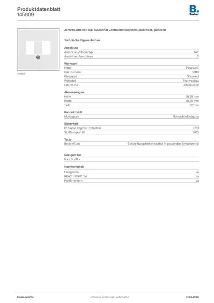 Bild Berker Produktdatenblatt 145809 | Hager Deutschland