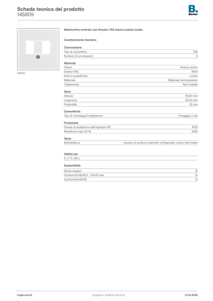Immagine Berker Scheda tecnica del prodotto 145809 | Hager Italia