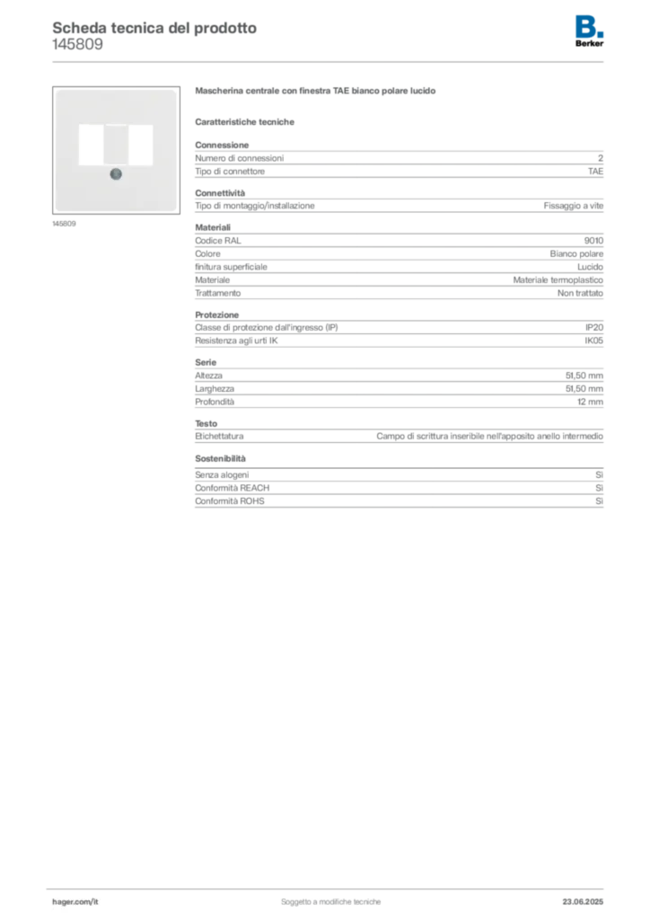 Immagine Berker Scheda tecnica del prodotto 145809 | Hager Italia