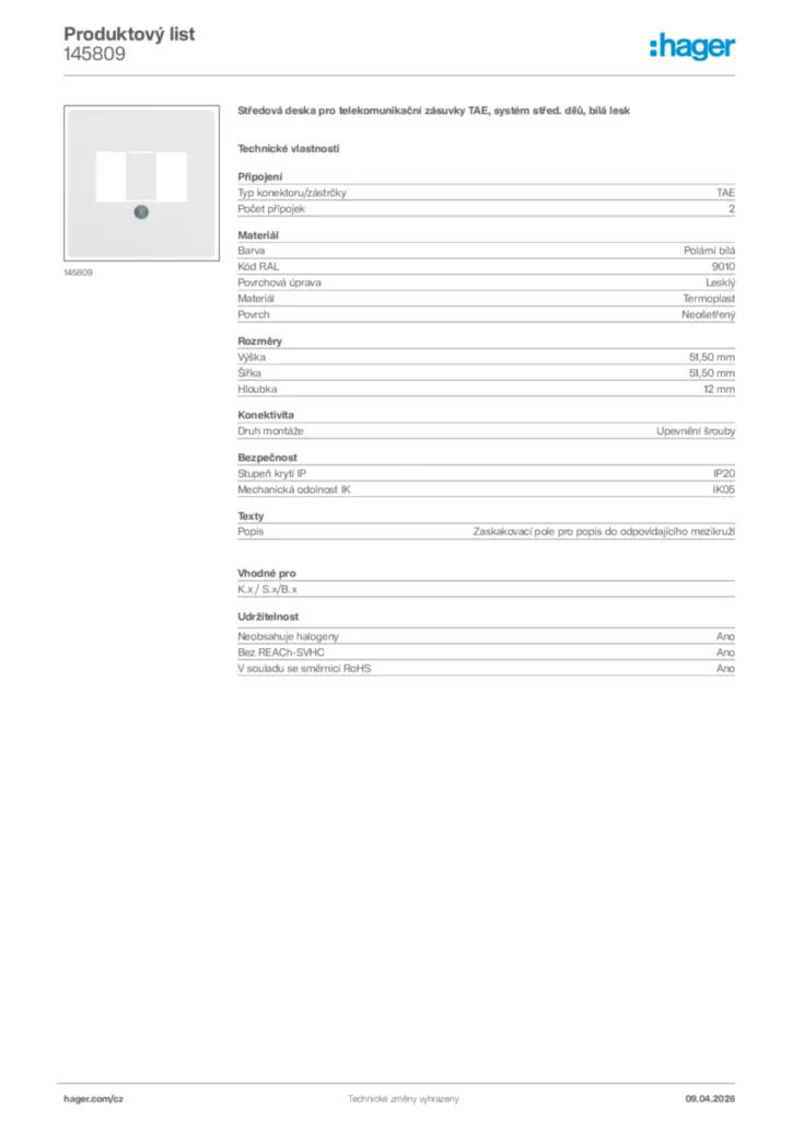 Obrázek Hager Product data sheet 145809 | Hager