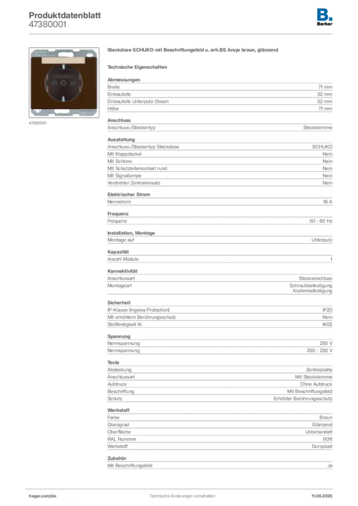 Bild Berker Produktdatenblatt 47380001 | Hager Deutschland