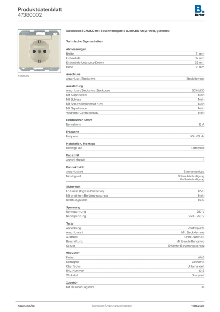 Bild Berker Produktdatenblatt 47380002 | Hager Deutschland