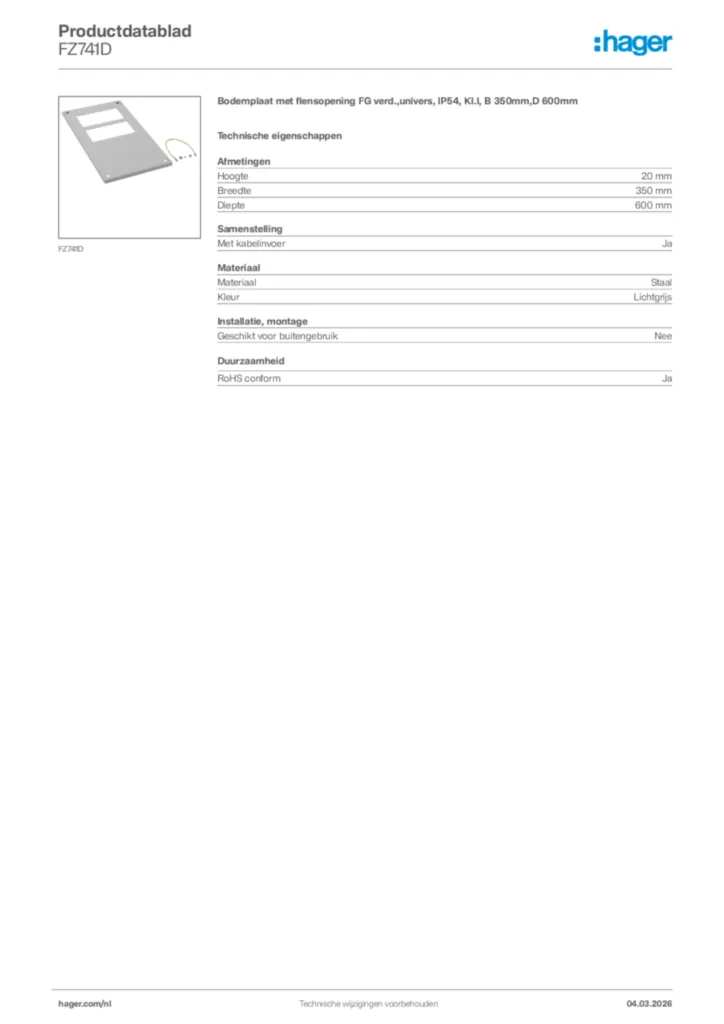 Afbeelding Hager Productdatablad FZ741D | Hager Nederland