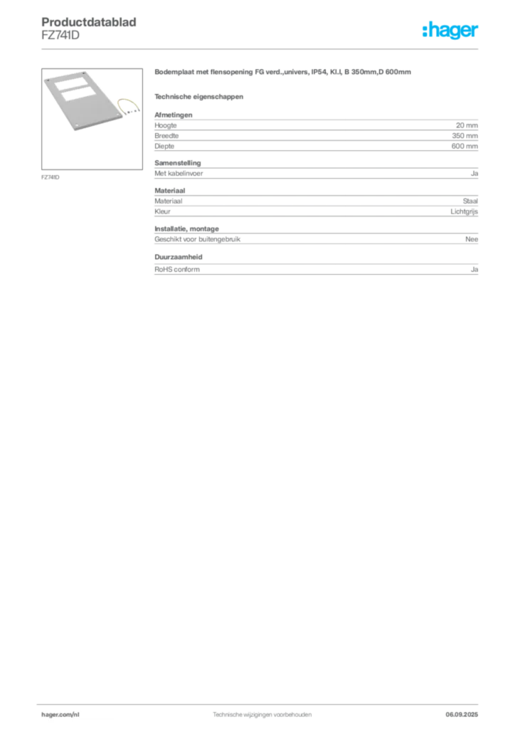 Afbeelding Hager Productdatablad FZ741D | Hager Nederland