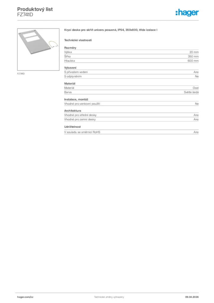 Obrázek Hager Product data sheet FZ741D | Hager