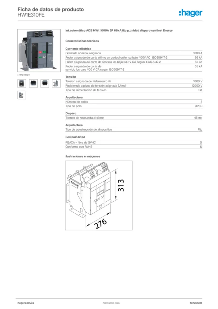 Imagen Hager Ficha de datos de producto HW1E310FE | Hager España
