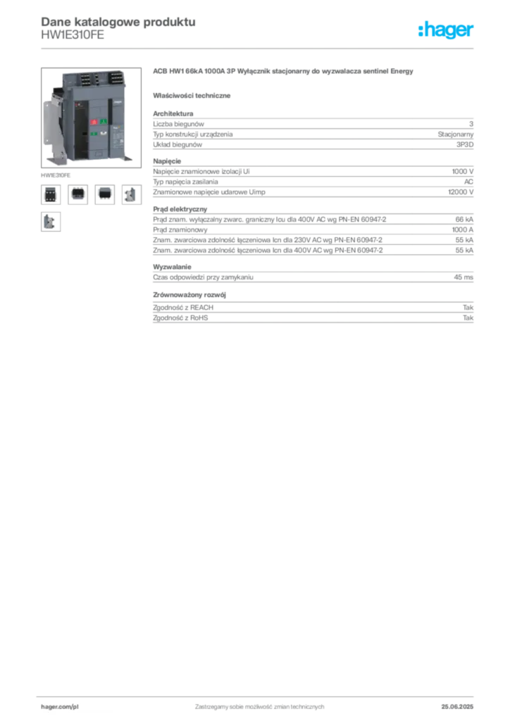 Zdjęcie Hager Dane katalogowe produktu HW1E310FE | Hager Polska