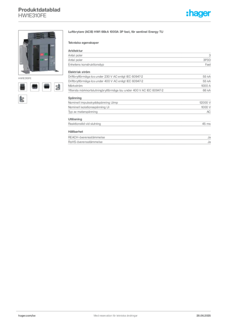 Bild Hager Produktdatablad HW1E310FE | Hager Sverige