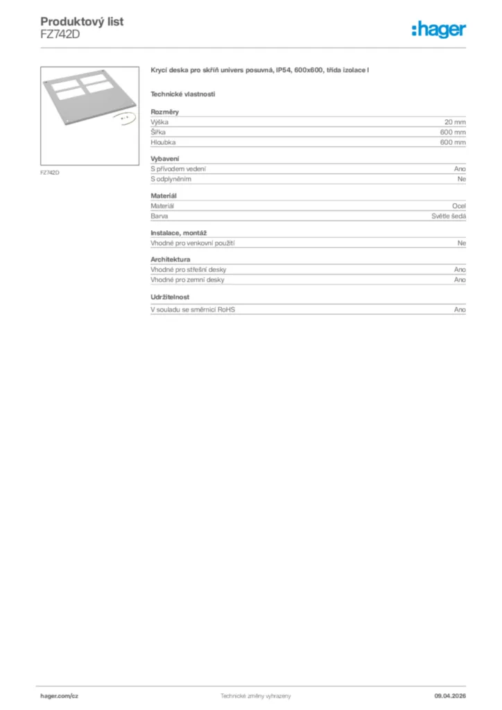 Obrázek Hager Product data sheet FZ742D | Hager