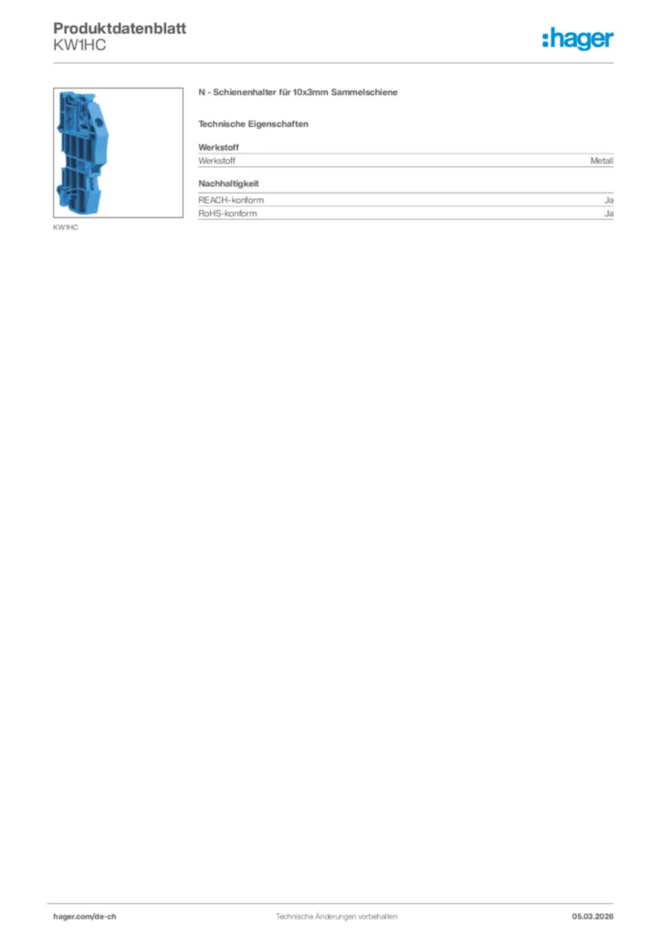 Bild Hager Produktdatenblatt KW1HC | Hager Schweiz