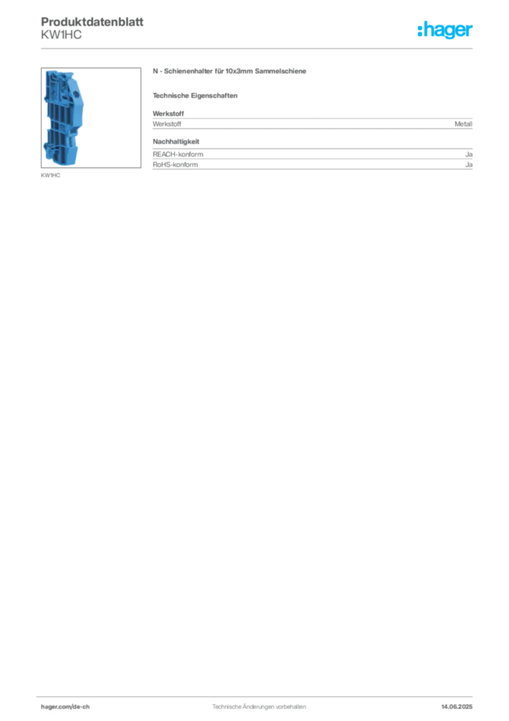 Bild Hager Produktdatenblatt KW1HC | Hager Schweiz