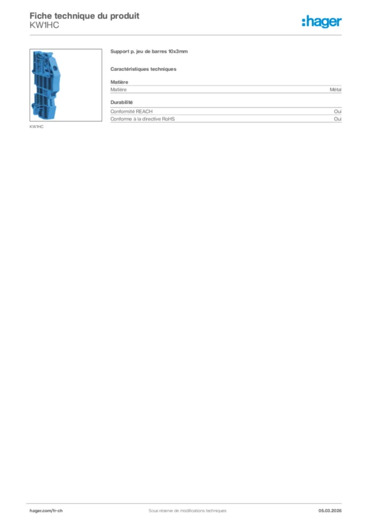 Image Hager Fiche technique du produit KW1HC | Hager Suisse