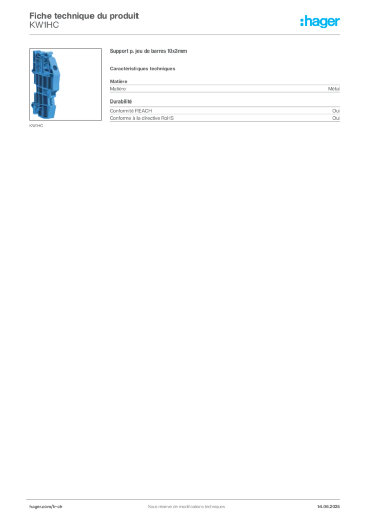 Image Hager Fiche technique du produit KW1HC | Hager Suisse