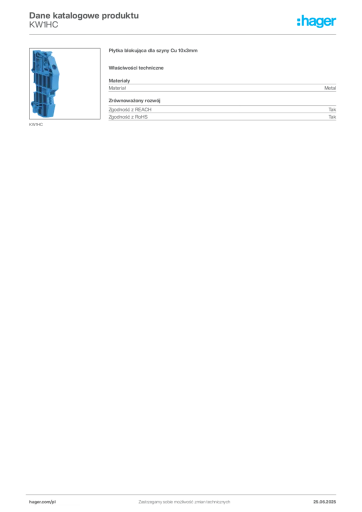 Zdjęcie Hager Dane katalogowe produktu KW1HC | Hager Polska
