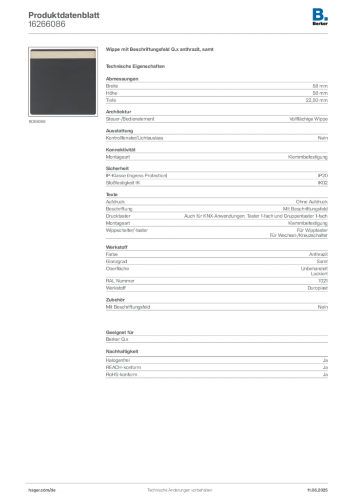 Bild Berker Produktdatenblatt 16266086 | Hager Deutschland