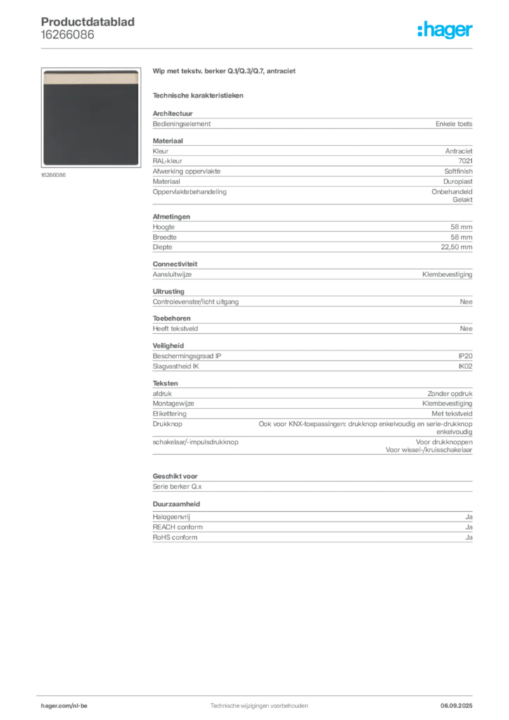 Afbeelding Hager Productdatablad 16266086 | Hager Belgium
