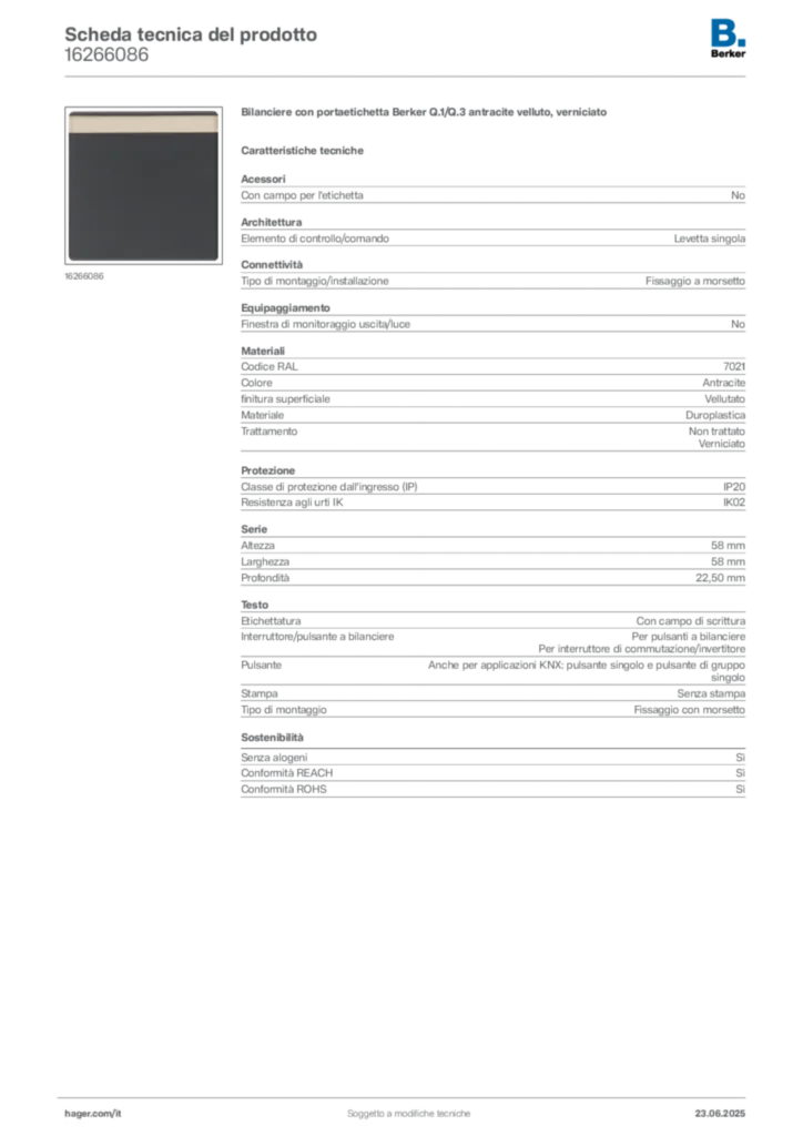 Immagine Berker Scheda tecnica del prodotto 16266086 | Hager Italia