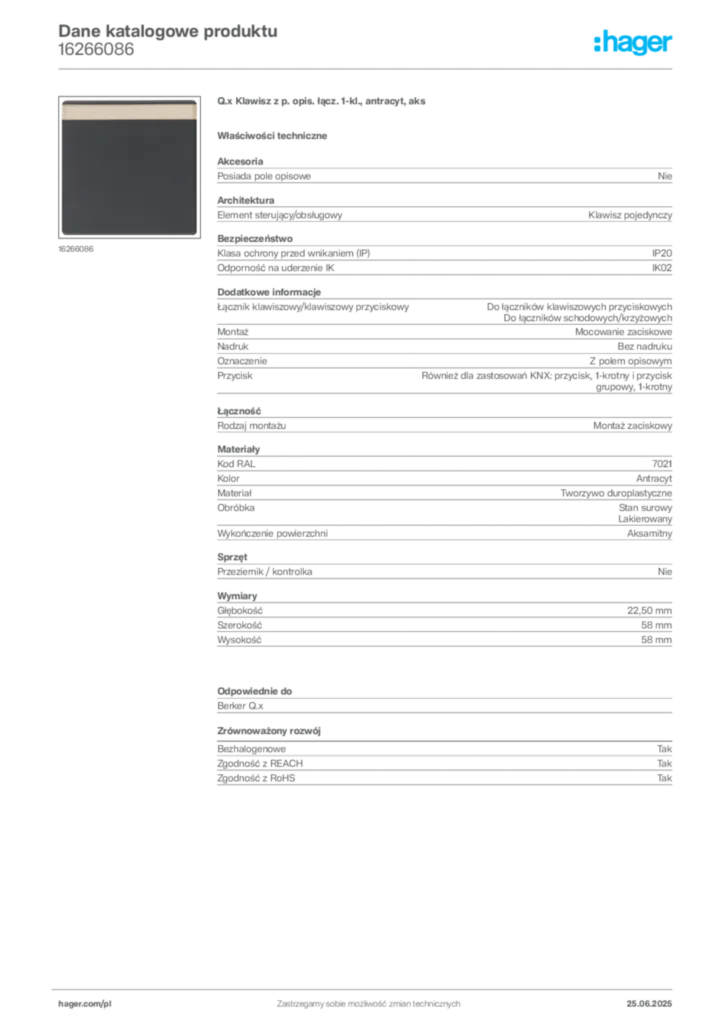 Zdjęcie Hager Dane katalogowe produktu 16266086 | Hager Polska