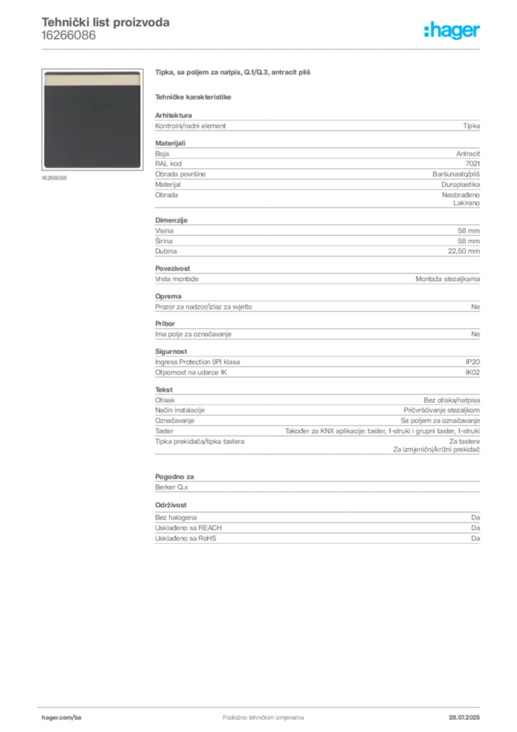 Slika Hager Product data sheet 16266086  | Hager