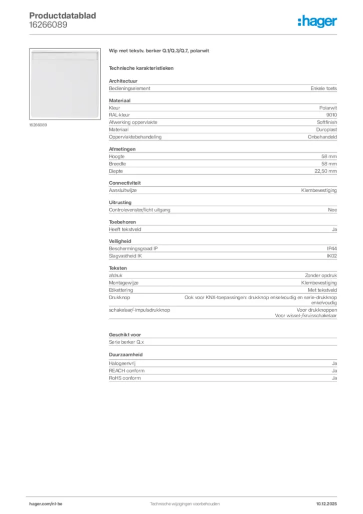 Afbeelding Hager Productdatablad 16266089 | Hager Belgium