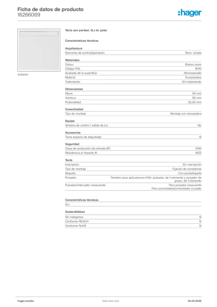 Imagen Hager Ficha de datos de producto 16266089 | Hager España