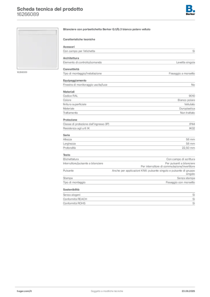 Immagine Berker Scheda tecnica del prodotto 16266089 | Hager Italia