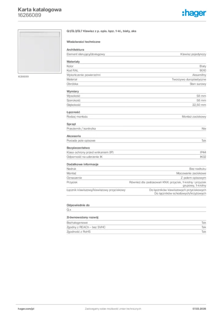 Zdjęcie Hager Karta katalogowa 16266089 | Hager Polska