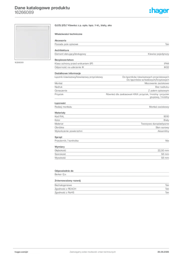Zdjęcie Hager Dane katalogowe produktu 16266089 | Hager Polska