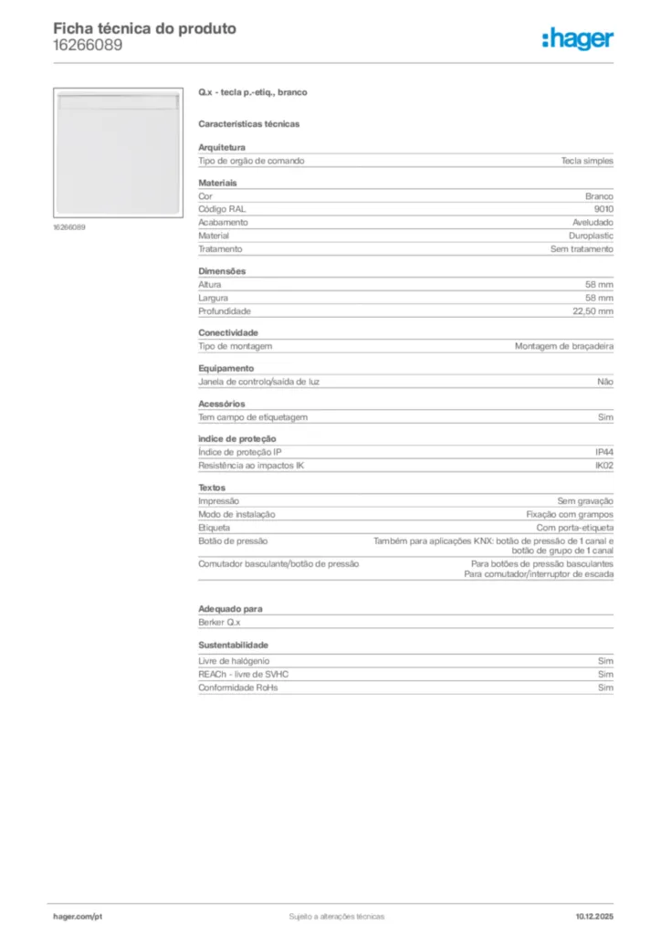 Imagem Hager Ficha técnica do produto 16266089 | Hager Portugal