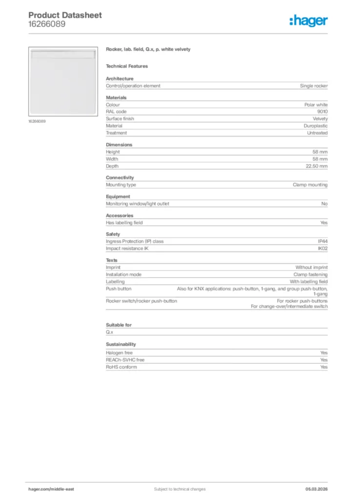 Image Hager Product data sheet 16266089  | Hager