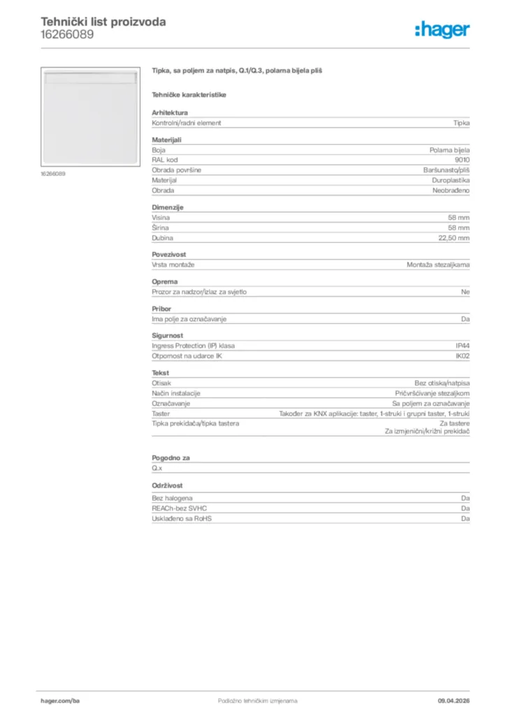 Slika Hager Tehnički list proizvoda 16266089  | Hager