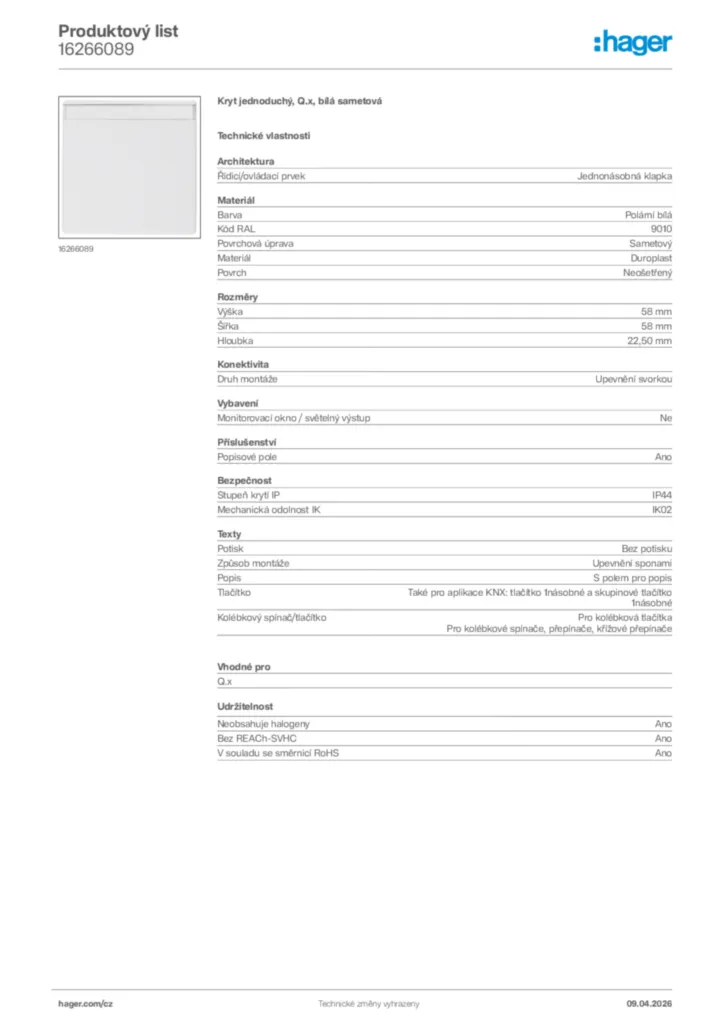 Obrázek Hager Product data sheet 16266089 | Hager