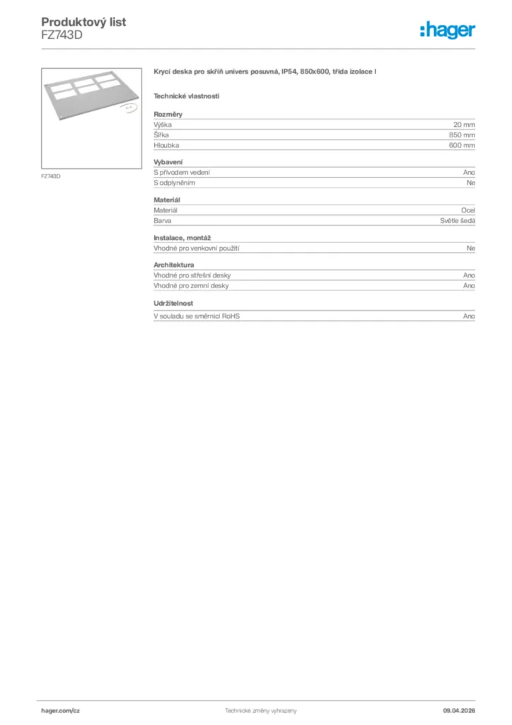 Obrázek Hager Product data sheet FZ743D | Hager