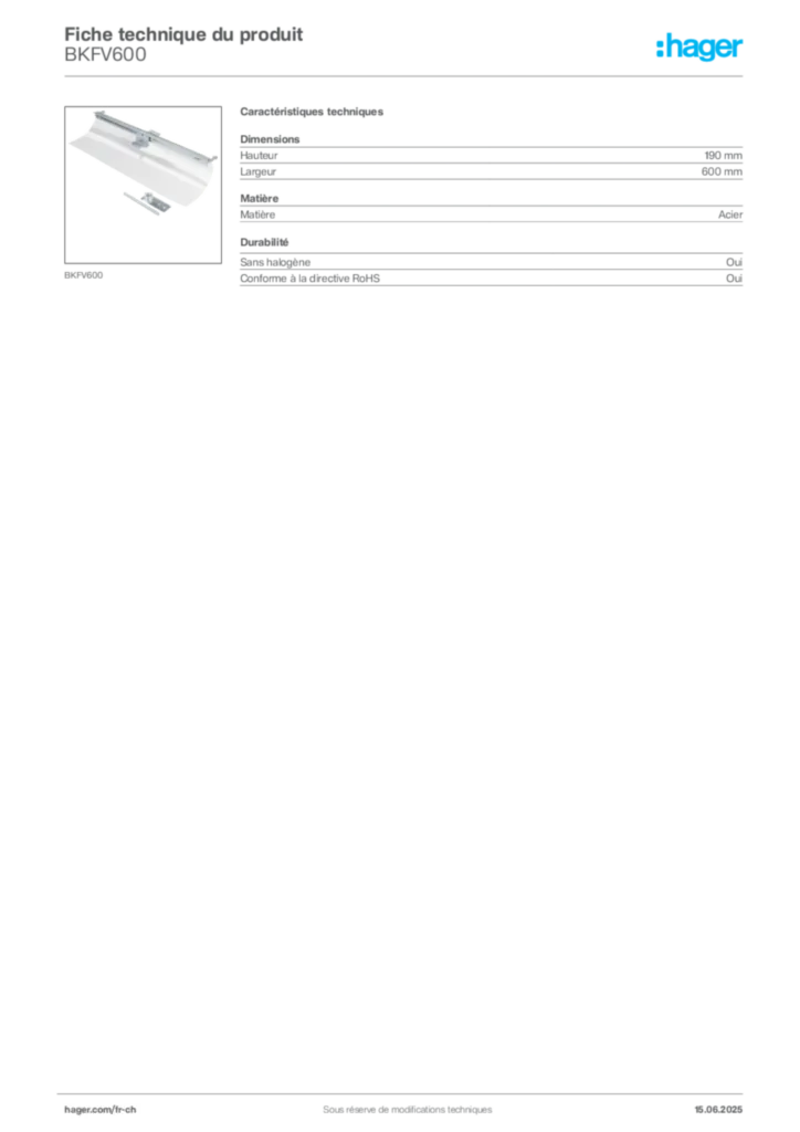 Image Hager Fiche technique du produit BKFV600 | Hager Suisse