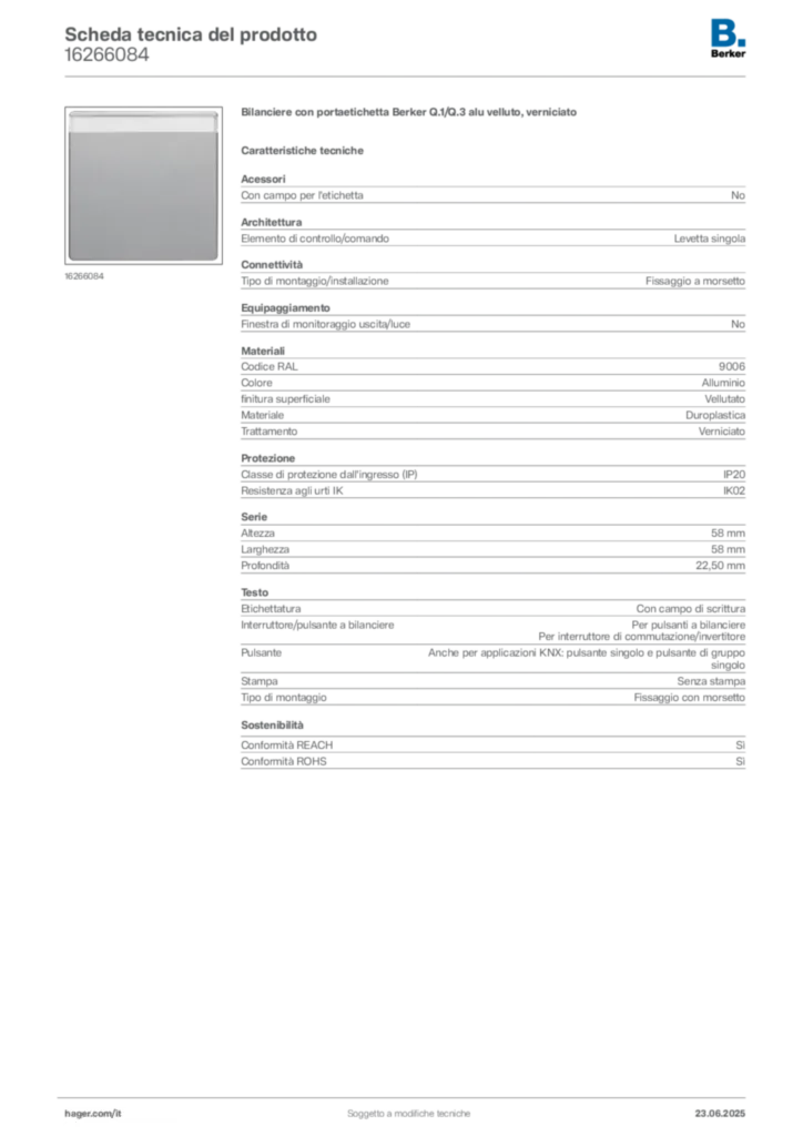 Immagine Berker Scheda tecnica del prodotto 16266084 | Hager Italia