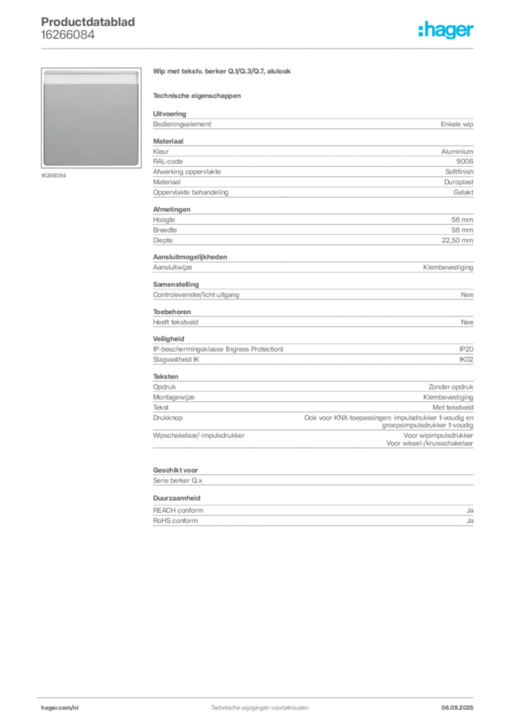 Afbeelding Hager Productdatablad 16266084 | Hager Nederland