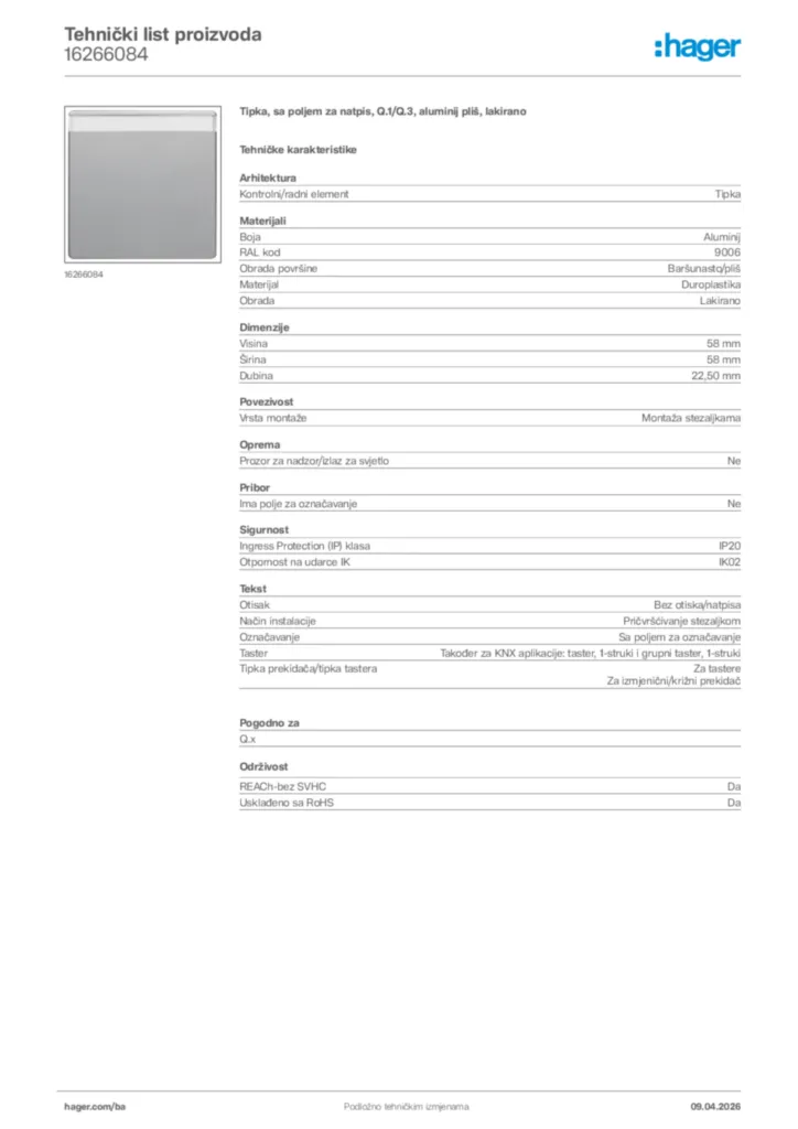 Slika Hager Tehnički list proizvoda 16266084  | Hager