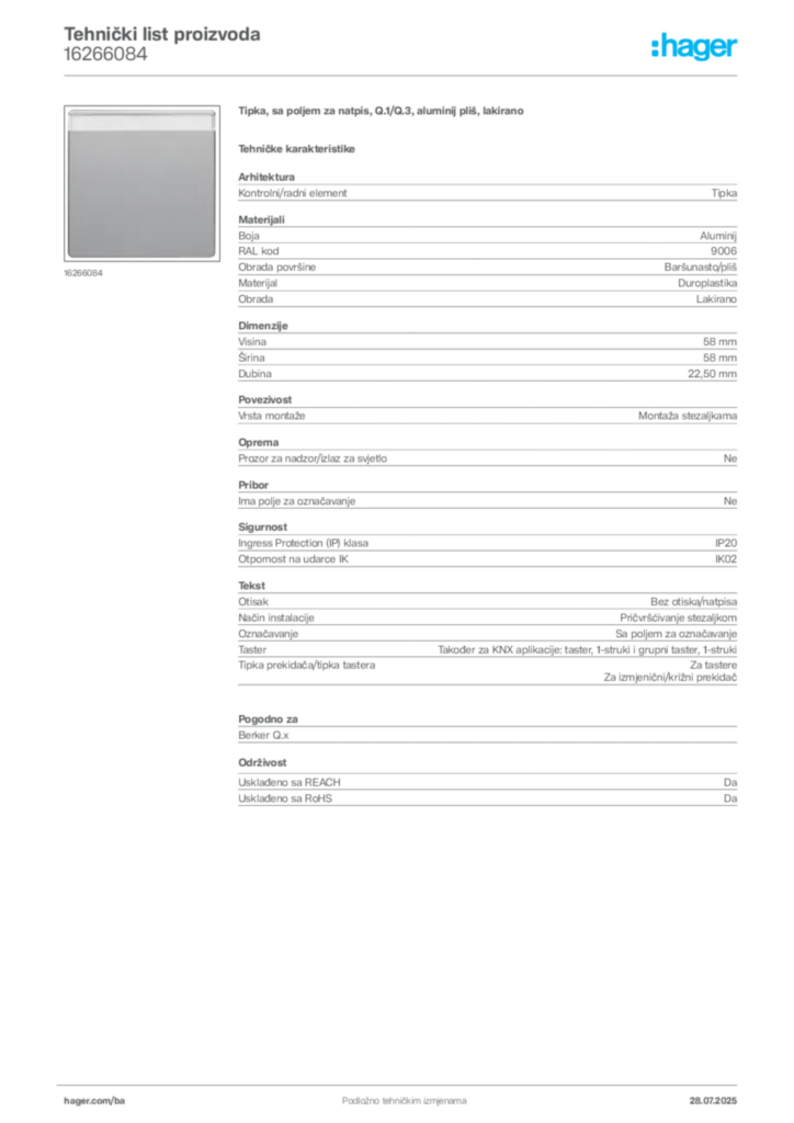 Slika Hager Product data sheet 16266084  | Hager