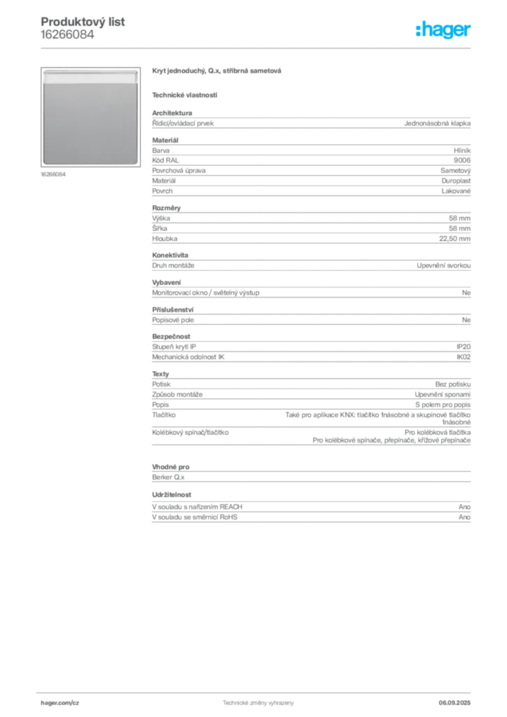 Obrázek Hager Produktový list 16266084 | Hager