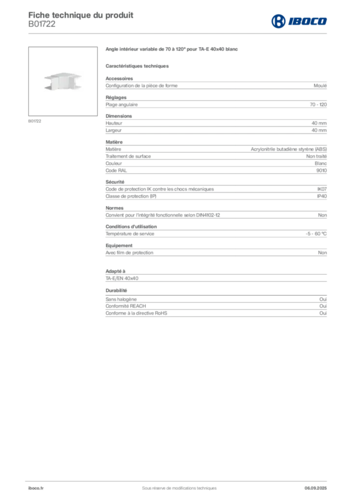 Image Iboco Fiche technique du produit B01722 | Hager France