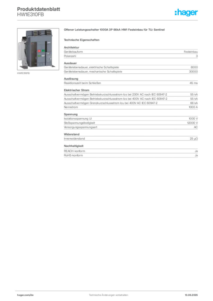 Bild Hager Produktdatenblatt HW1E310FB | Hager Deutschland