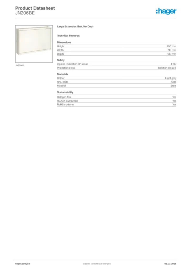 Image Hager Product data sheet JN206BE  | Hager