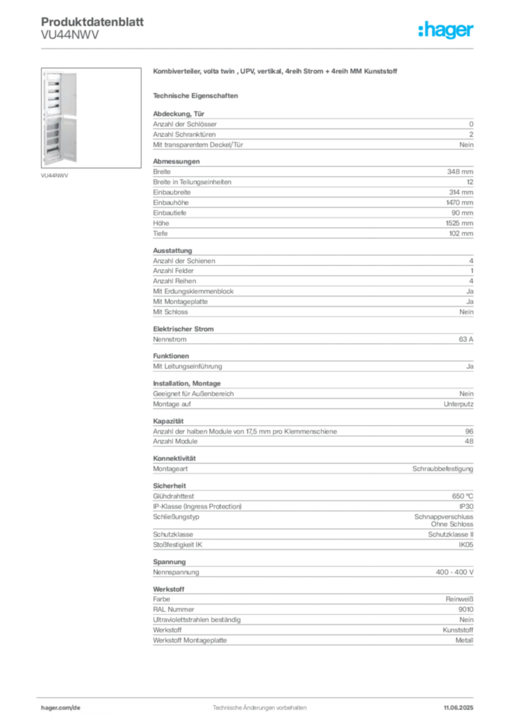 Bild Hager Produktdatenblatt VU44NWV | Hager Deutschland
