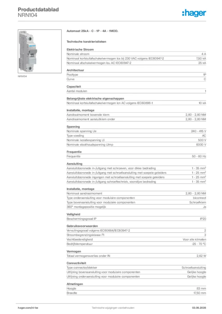 Afbeelding Hager Productdatablad NRN104 | Hager Belgium