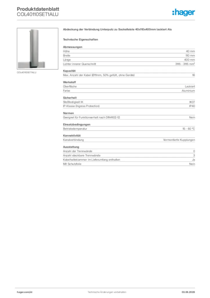 Bild Hager Produktdatenblatt COL40110SET1ALU | Hager Deutschland