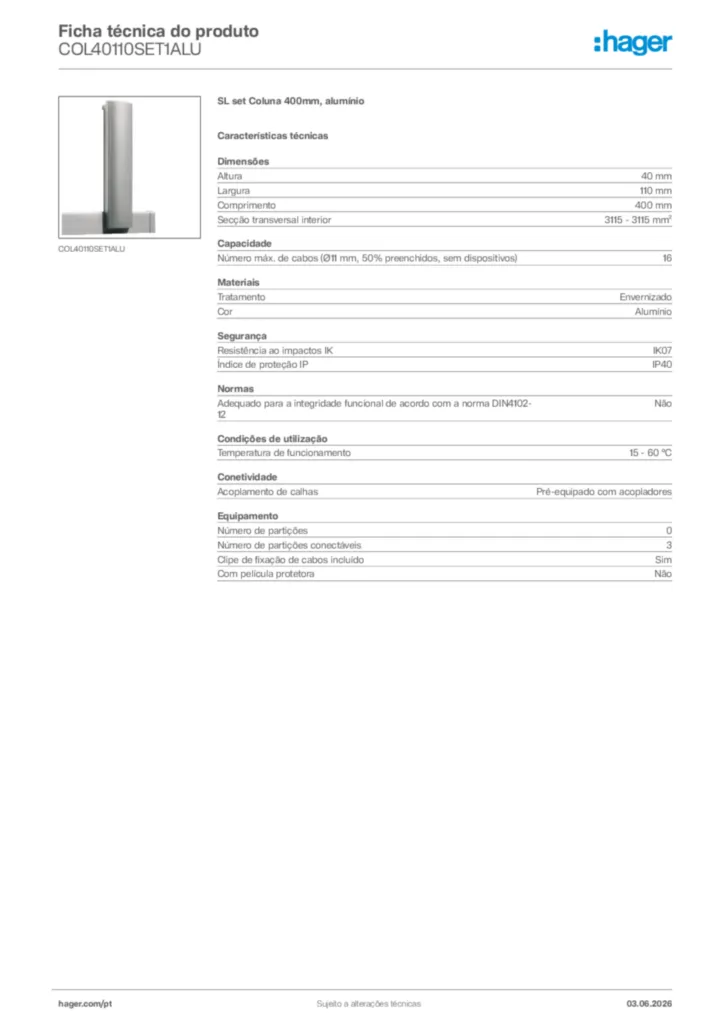 Imagem Hager Ficha técnica do produto COL40110SET1ALU | Hager Portugal