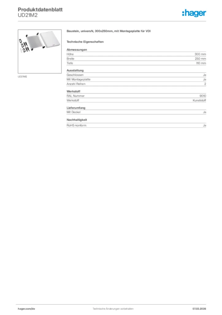 Bild Hager Produktdatenblatt UD21M2 | Hager Deutschland