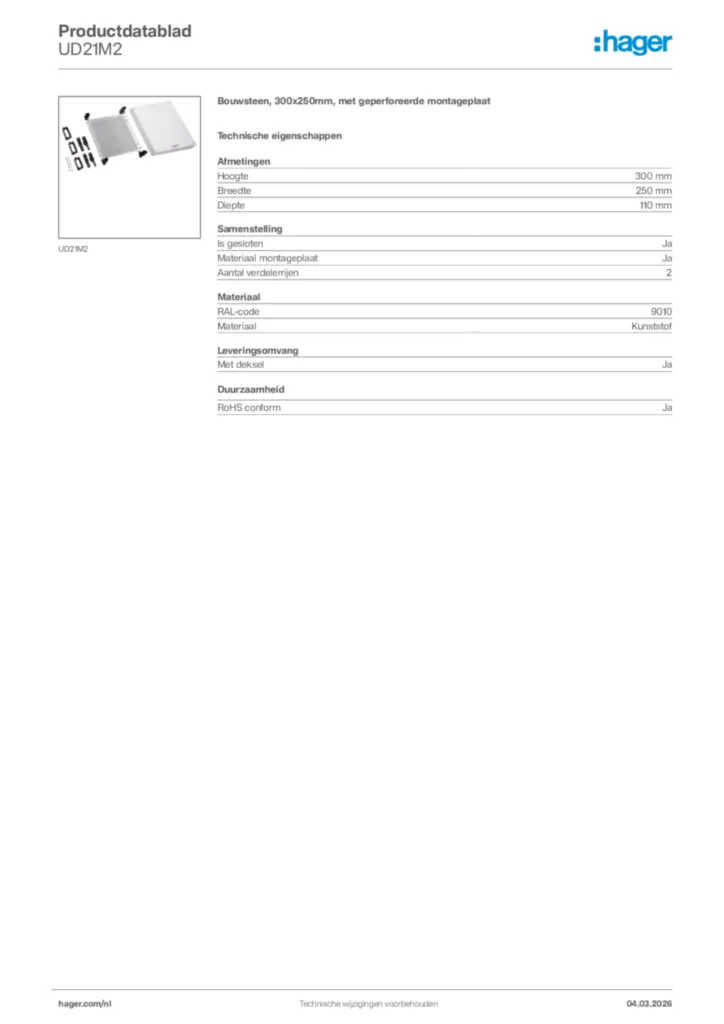 Afbeelding Hager Productdatablad UD21M2 | Hager Nederland